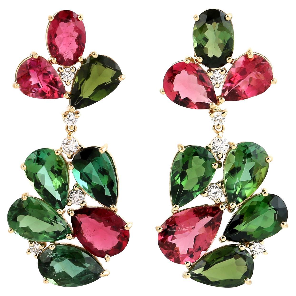 Multi Color Tourmaline Flower Resembling Earrings With Diamonds Made In 18k Gold