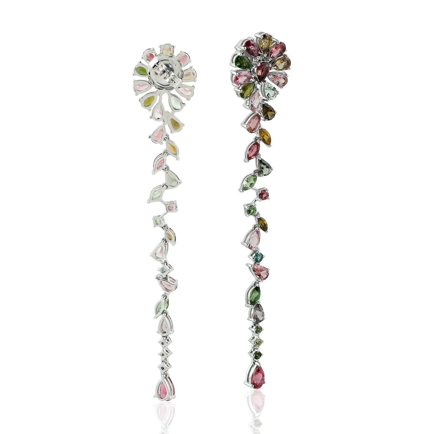 Art Deco Multi Color Tourmaline long Earrings Made In 18k gold For Sale