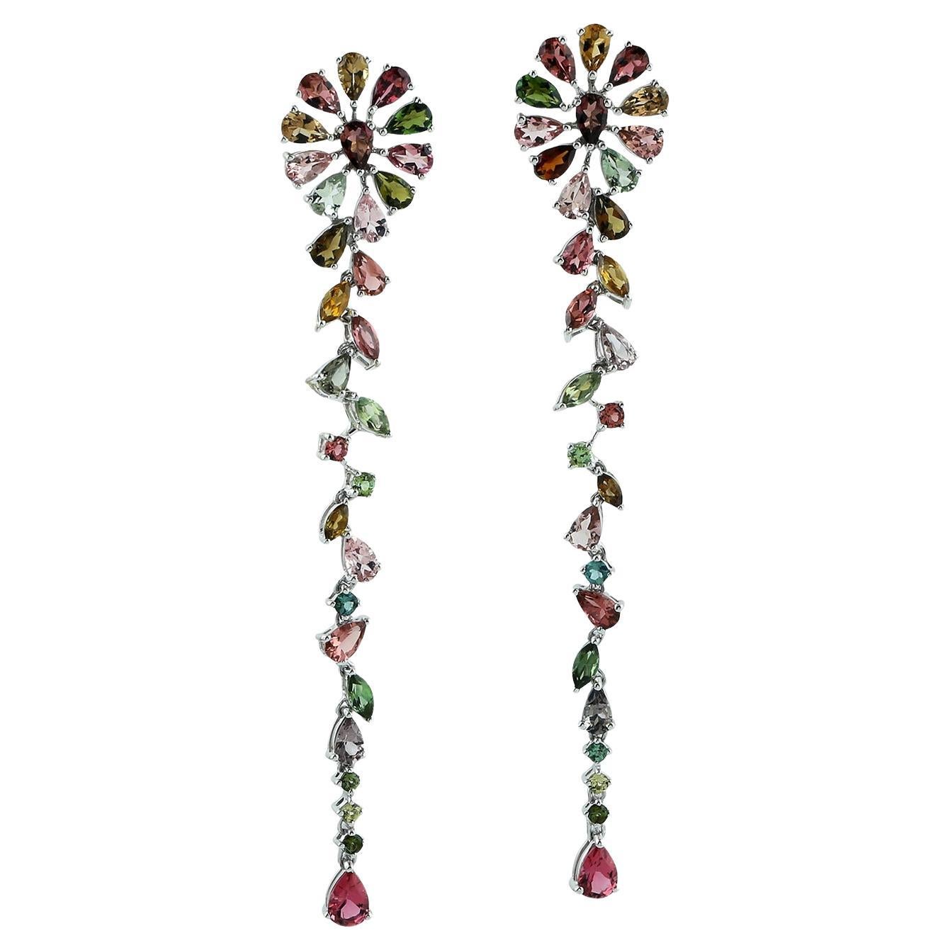 Multi Color Tourmaline long Earrings Made In 18k gold For Sale