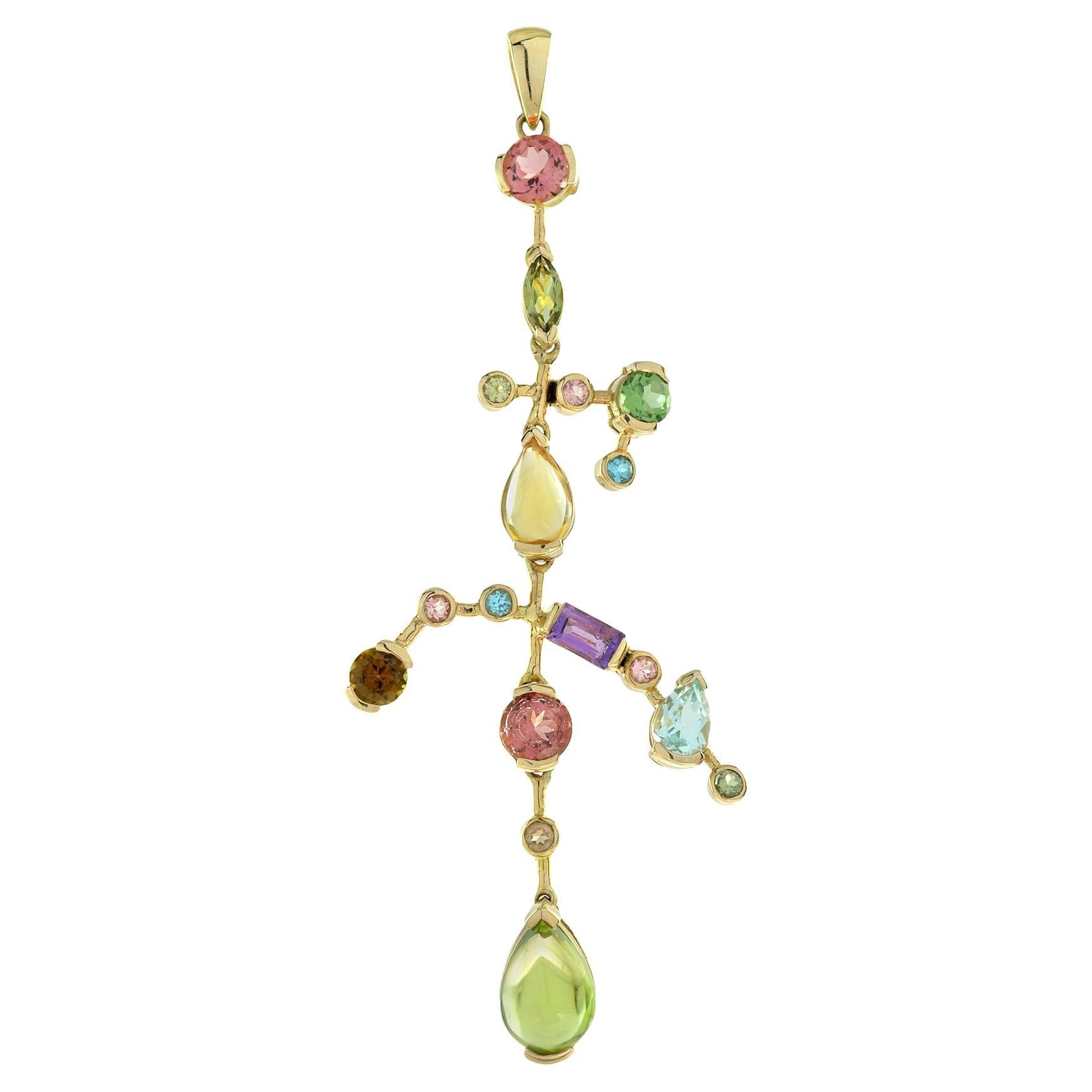 Multi Color Tourmaline Peridot and Citrine Pendant in 14K Yellow Gold For Sale