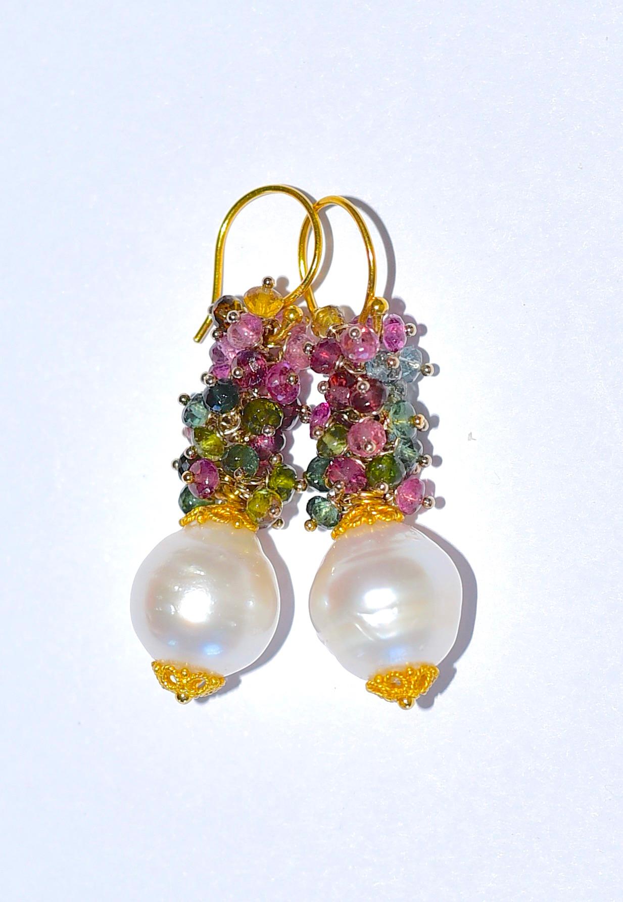 Multi Color Tourmaline, South Sea Pearl Earrings in 18k Solid Yellow Gold For Sale 1