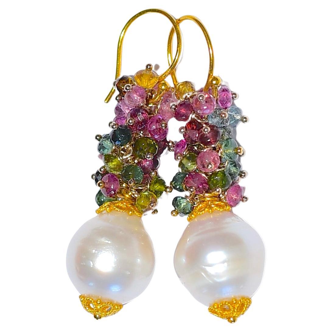 Multi Color Tourmaline, South Sea Pearl Earrings in 18k Solid Yellow Gold For Sale