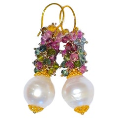 Multi Color Tourmaline, South Sea Pearl Earrings in 18k Solid Yellow Gold
