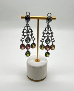 Multi Color Tourmalines Diamond Halo 18K Black White Gold Statement Earrings
