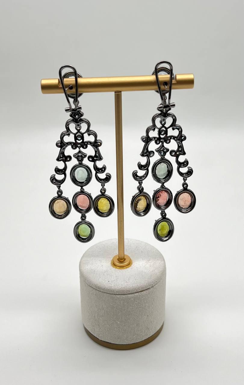 Mixed Cut Multi Color Tourmalines Diamond Halo 18K Black White Gold Statement Earrings For Sale