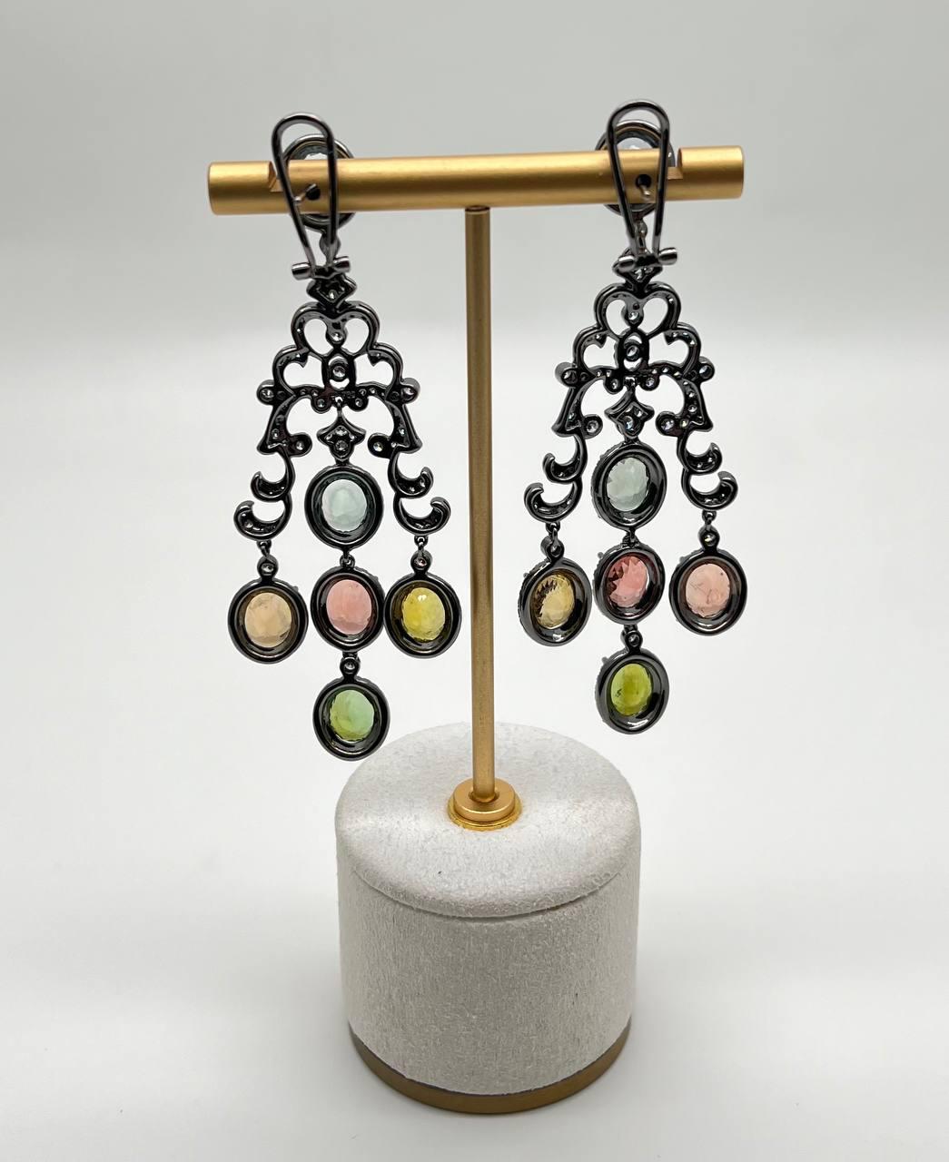 Multi Color Tourmalines Diamond Halo 18K Black White Gold Statement Earrings In New Condition For Sale In Oakton, VA