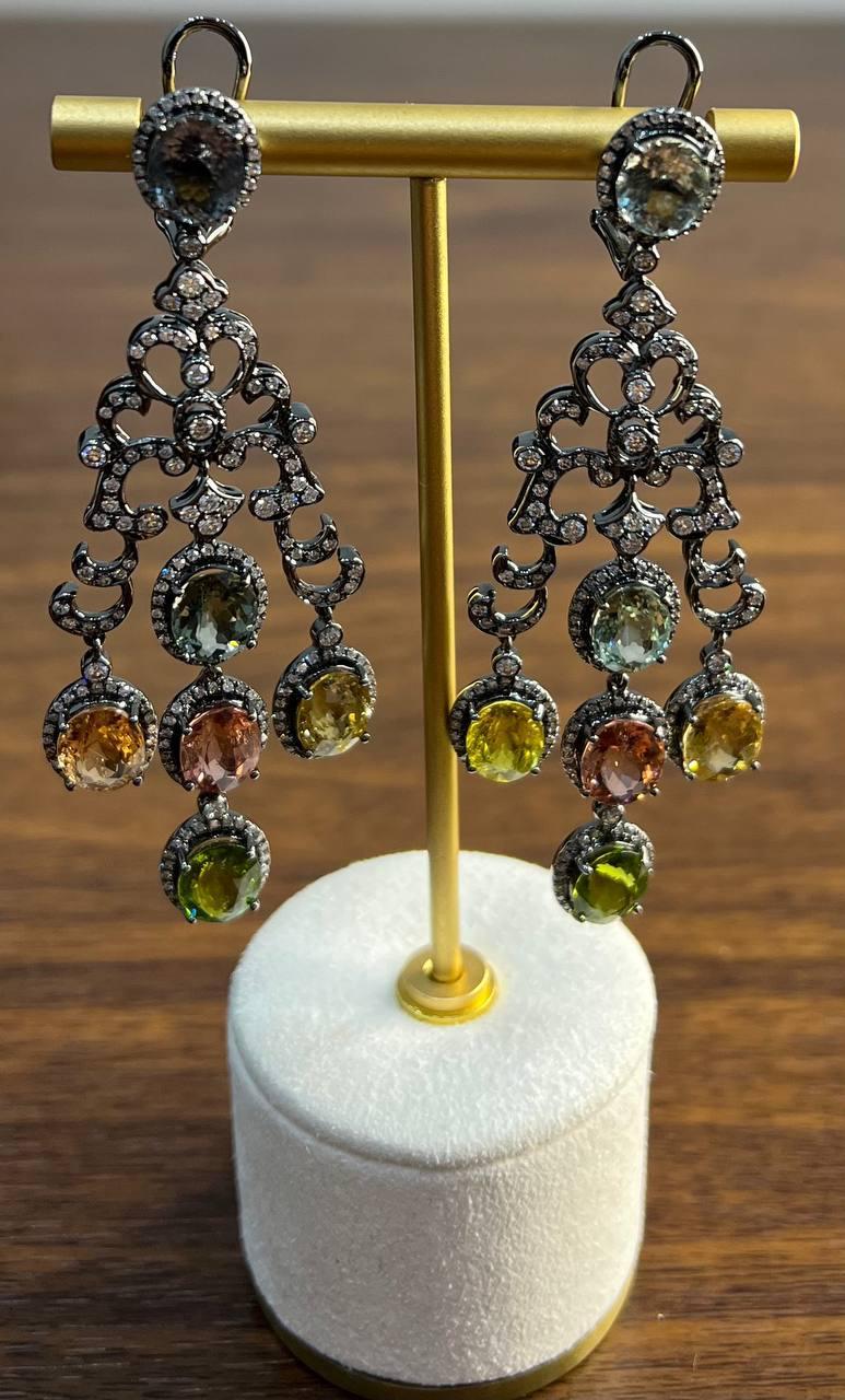 Multi Color Tourmalines Diamond Halo 18K Black White Gold Statement Earrings For Sale 2