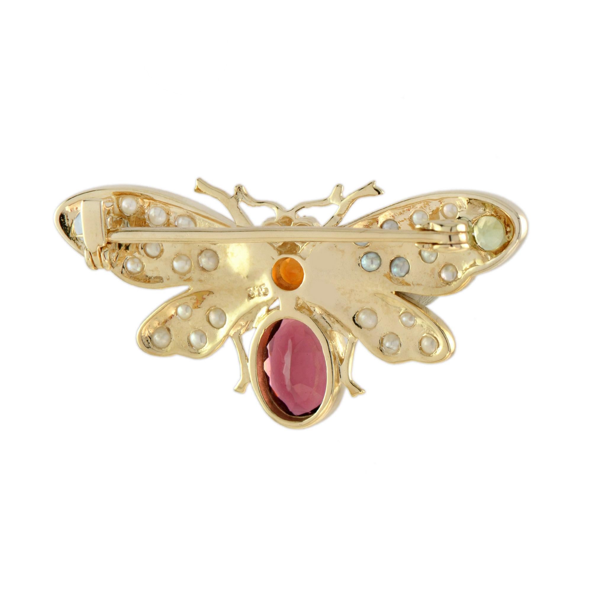 Multi Color Tourmalines & Pearl Victorian Style Bee 14K Yellow Gold Pin Brooch (Viktorianisch) im Angebot