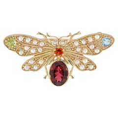Multi Color Tourmalines & Pearl Victorian Style Bee 14K Yellow Gold Pin Brooch
