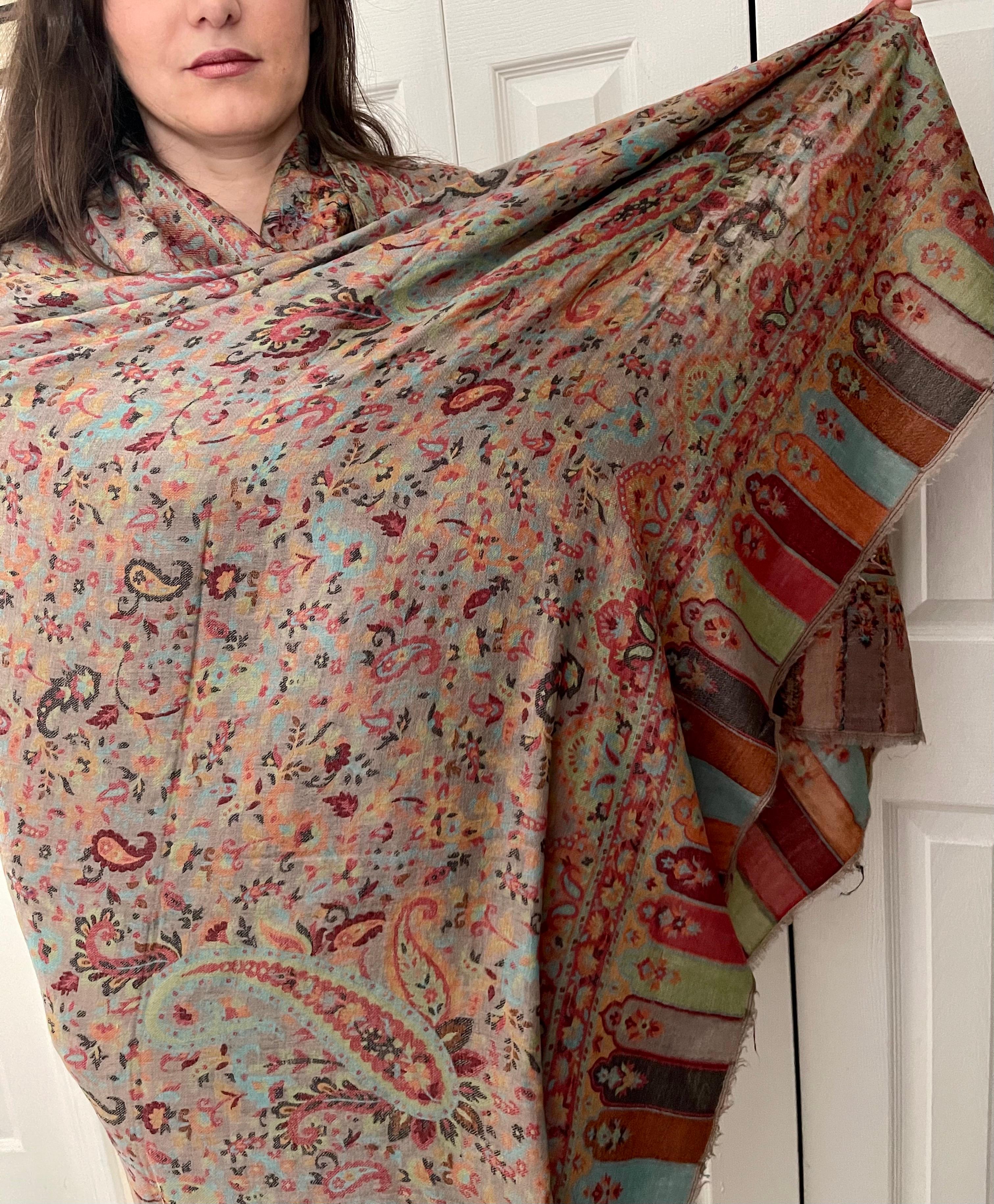 Brown Multi Color Traditional Floral Kani Pashmina Shawl 83X42 Inches