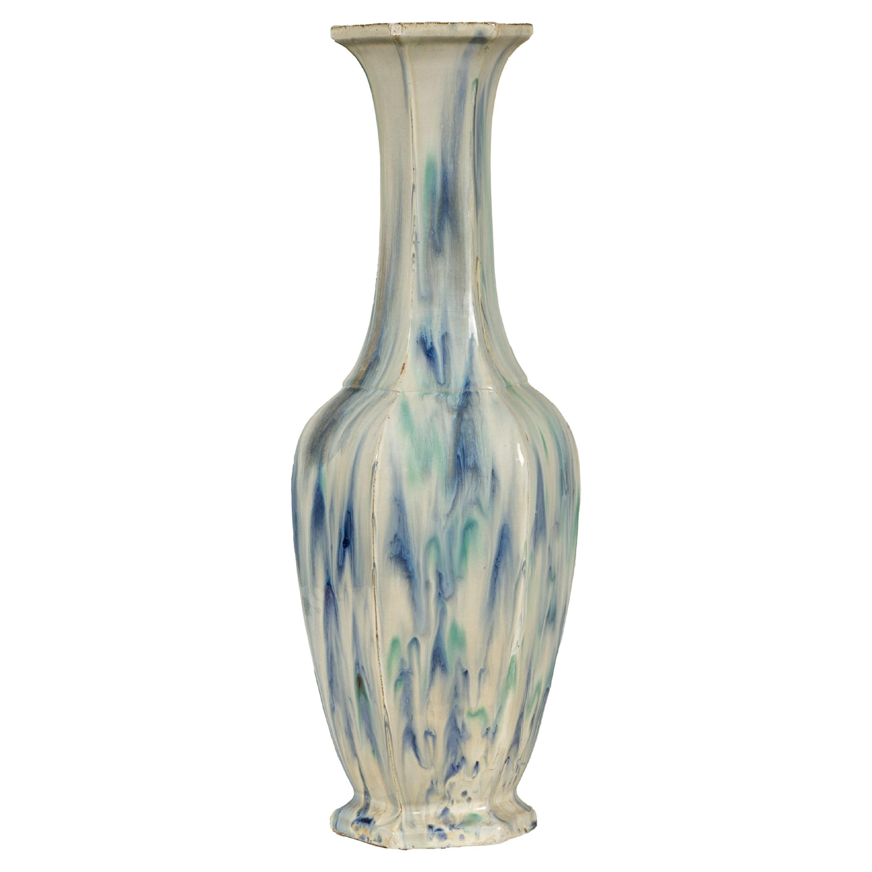 Multi-Color Vase with Blue and Green Drip Accent on Cream Ground
