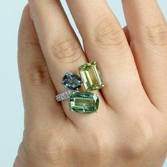 Multi Color Vivid Tourmaline 3 Stone Ring With Diamonds Made In 18k White Gold