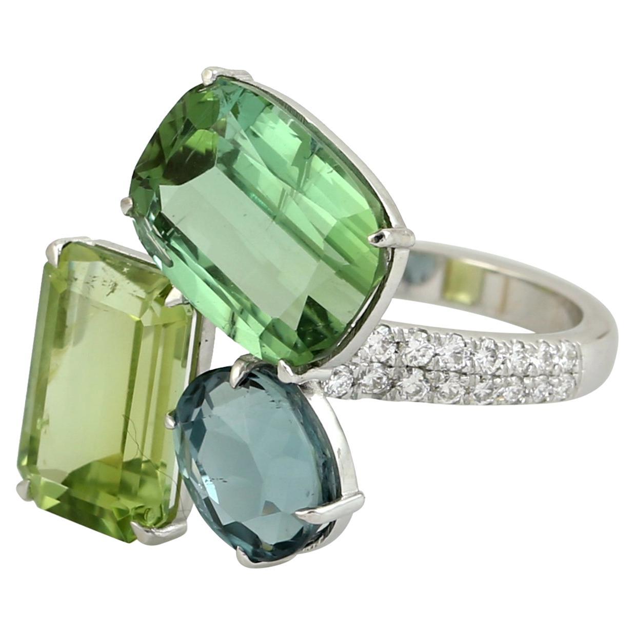 Multi Color Vivid Tourmaline 3 Stone Ring With Diamonds Made In 18k White Gold