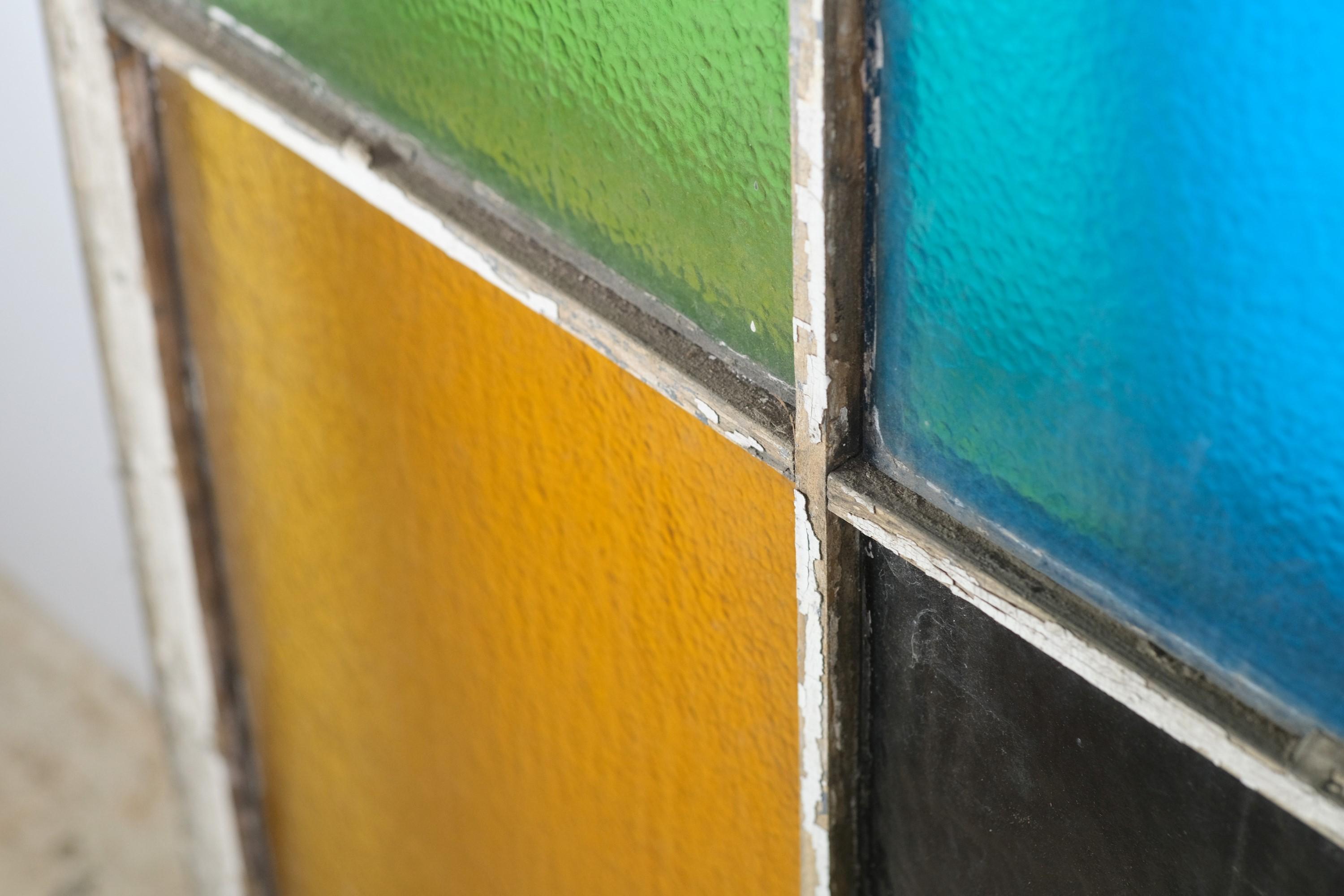 MultiColor Wood Arched Stained Glass Window, Yellow, Blue, Green, and