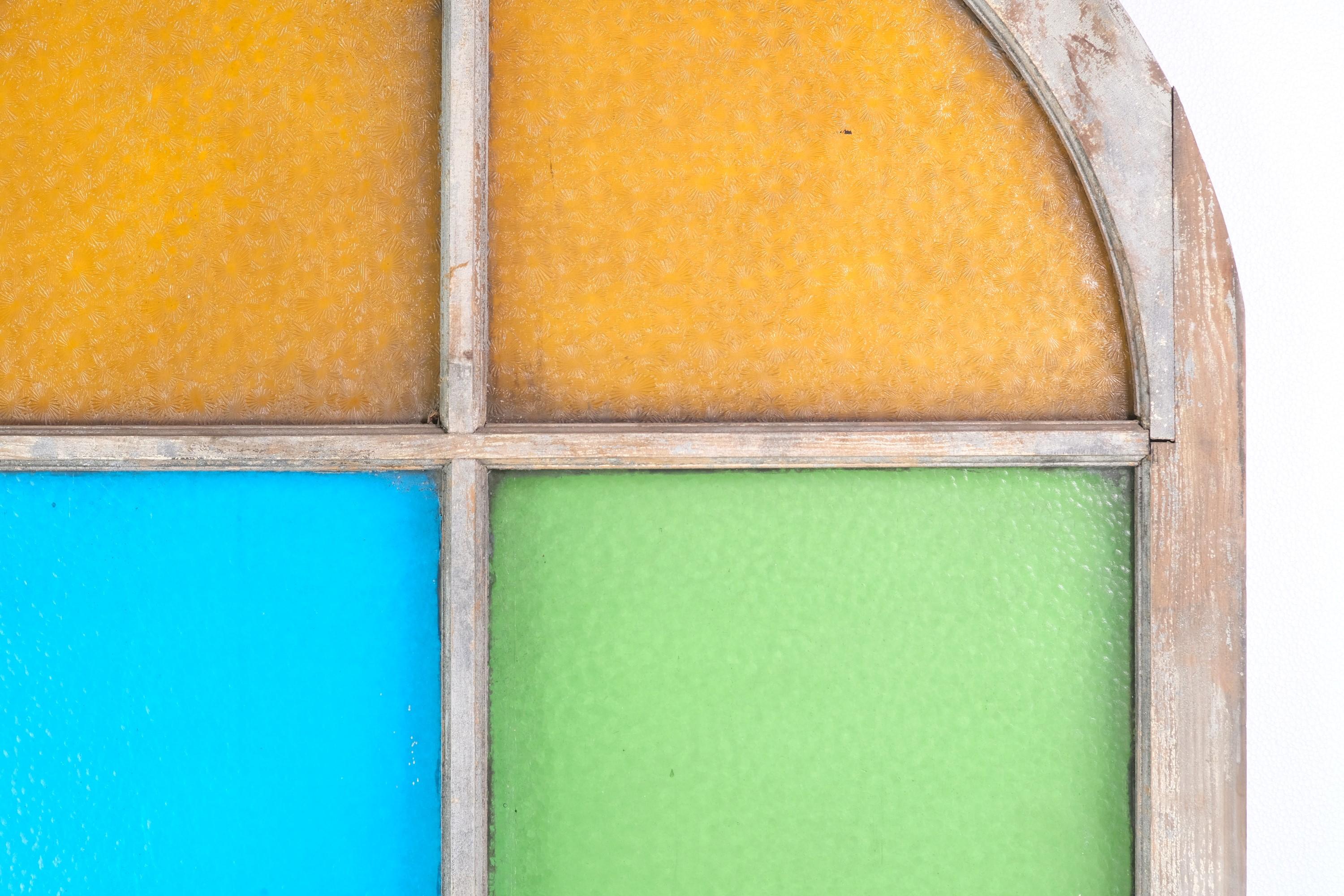 MultiColor Wood Arched Stained Glass Window, Yellow, Blue, Green, and