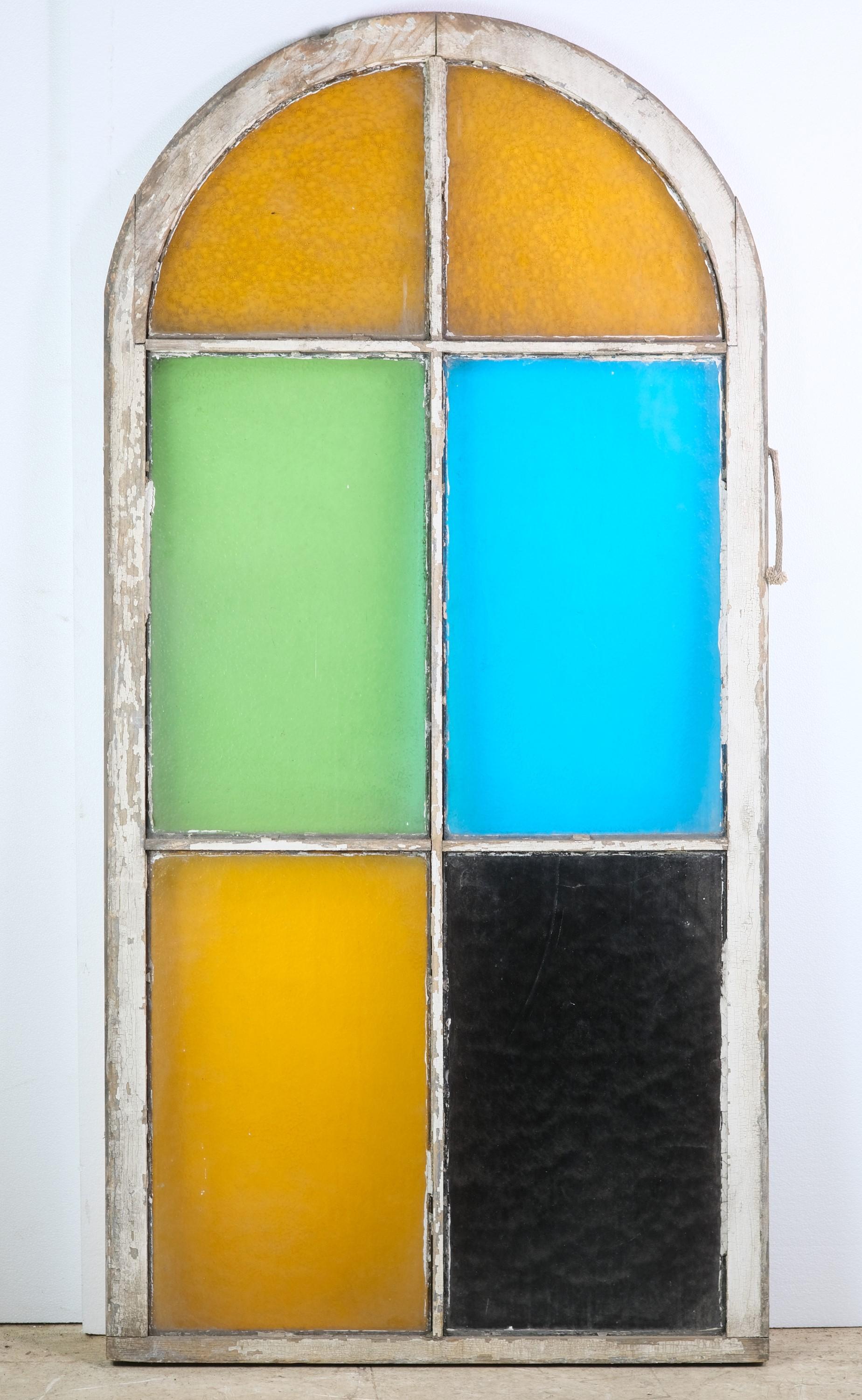 MultiColor Wood Arched Stained Glass Window, Yellow, Blue, Green, and