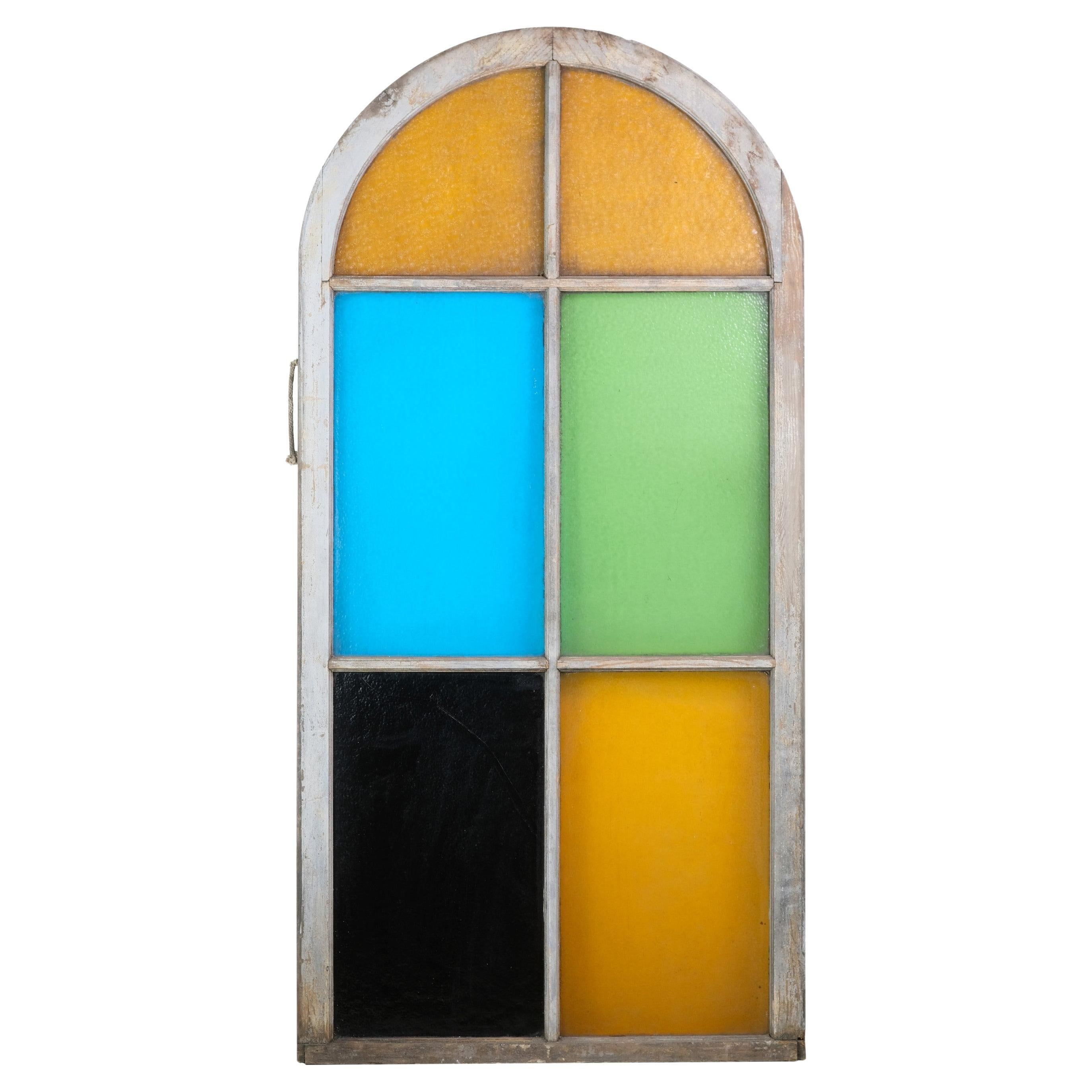 MultiColor Wood Arched Stained Glass Window, Yellow, Blue, Green, and