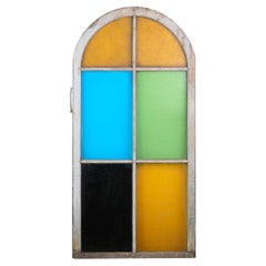 Multi-Color Wood Arched Stained Glass Window, Yellow, Blue, Green, & Red