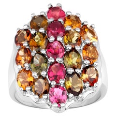 Multicolor Tourmaline Ring 5.89 Carats Rhodium Plated Sterling Silver
