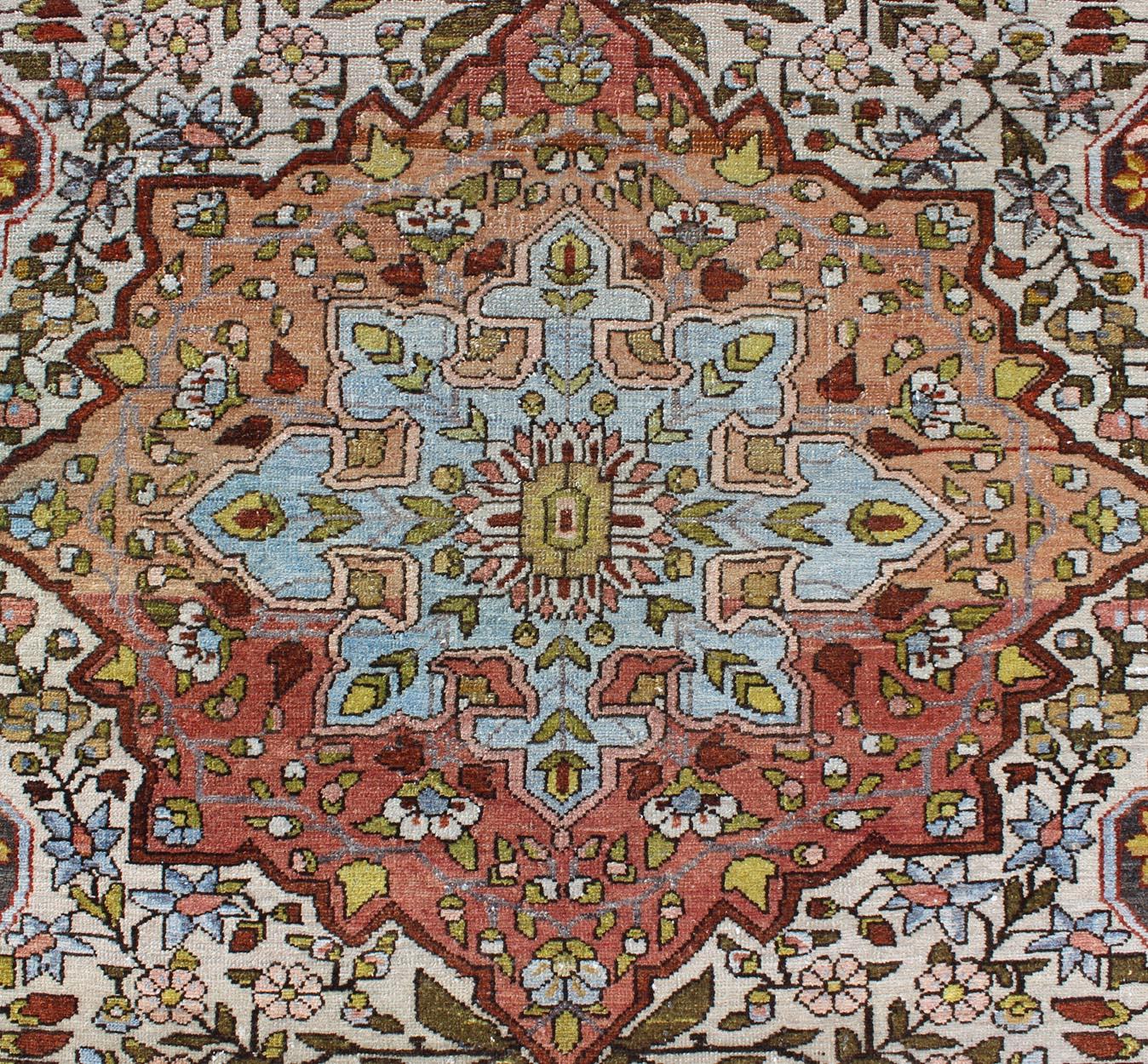 Mid-20th Century Multi-Colored and Ivory Antique Persian Bakhtiari Rug with Floral Medallion For Sale