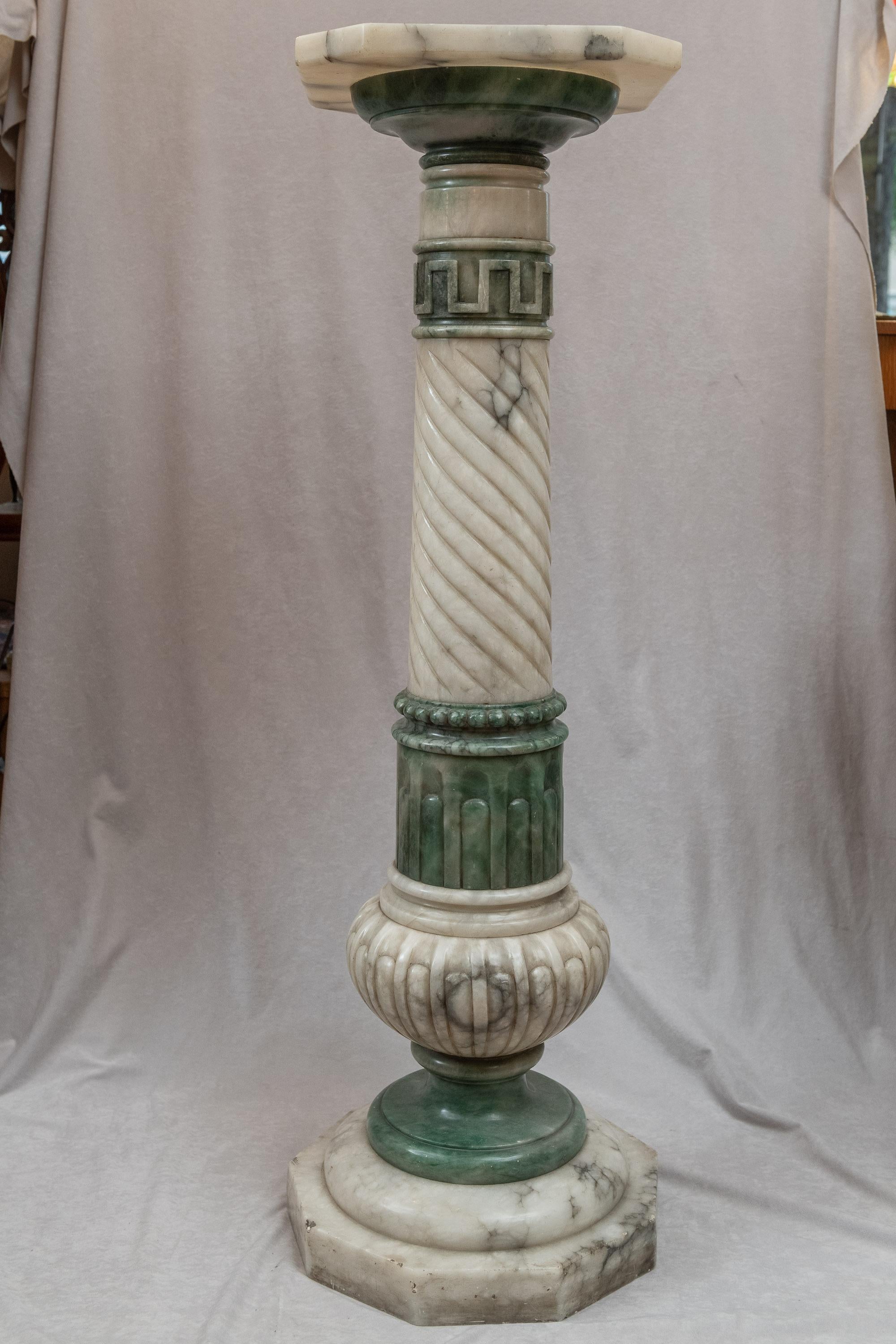 This very unusual and beautiful pedestal has been in our gallery for over 20 years and has not been for sale the whole time. We have always had some of our favorite bronze statues shown upon it. Time marches on and so we are know offering this great