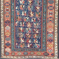 Antique Caucasian Gendje Runner Rug with Lattice Design in Blue and Red Tones