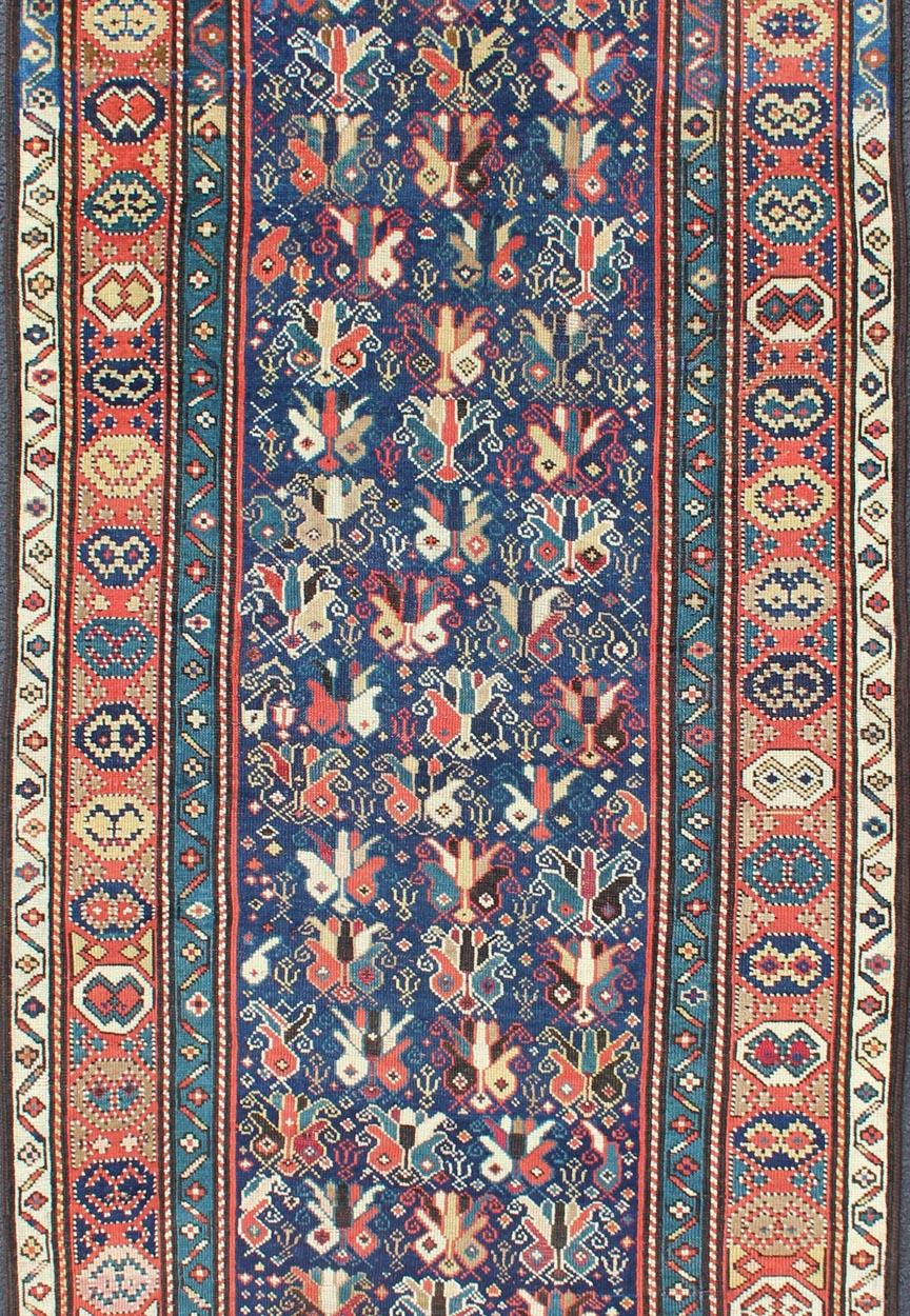 Tribale Tappeto antico caucasico multicolore Gendje Gallery con geometrie secondarie all over in vendita