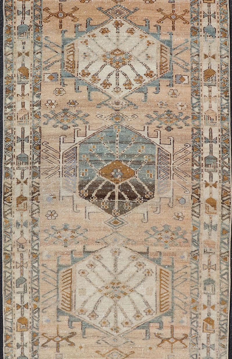 Hand-Knotted Multi Colored Antique Persian Heriz Runner with Geometric Medallions