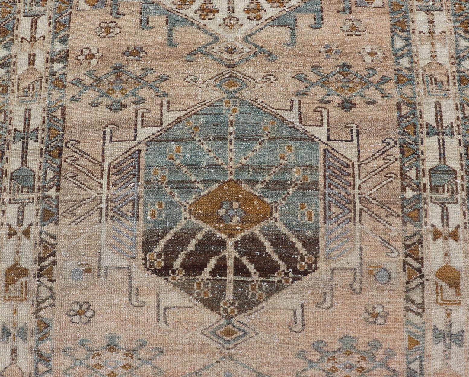 Multi Colored Antique Persian Heriz Runner with Geometric Medallions 1