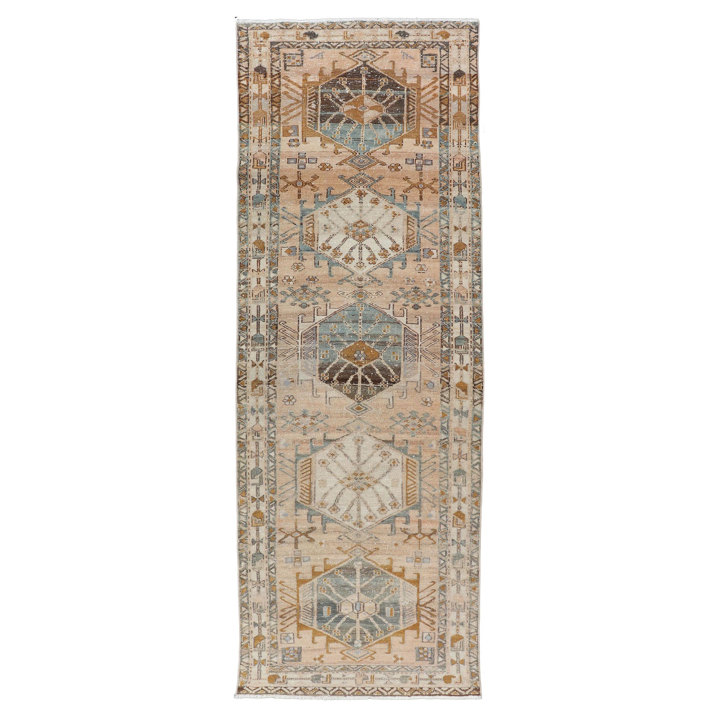 Multi Colored Antique Persian Heriz Runner with Geometric Medallions