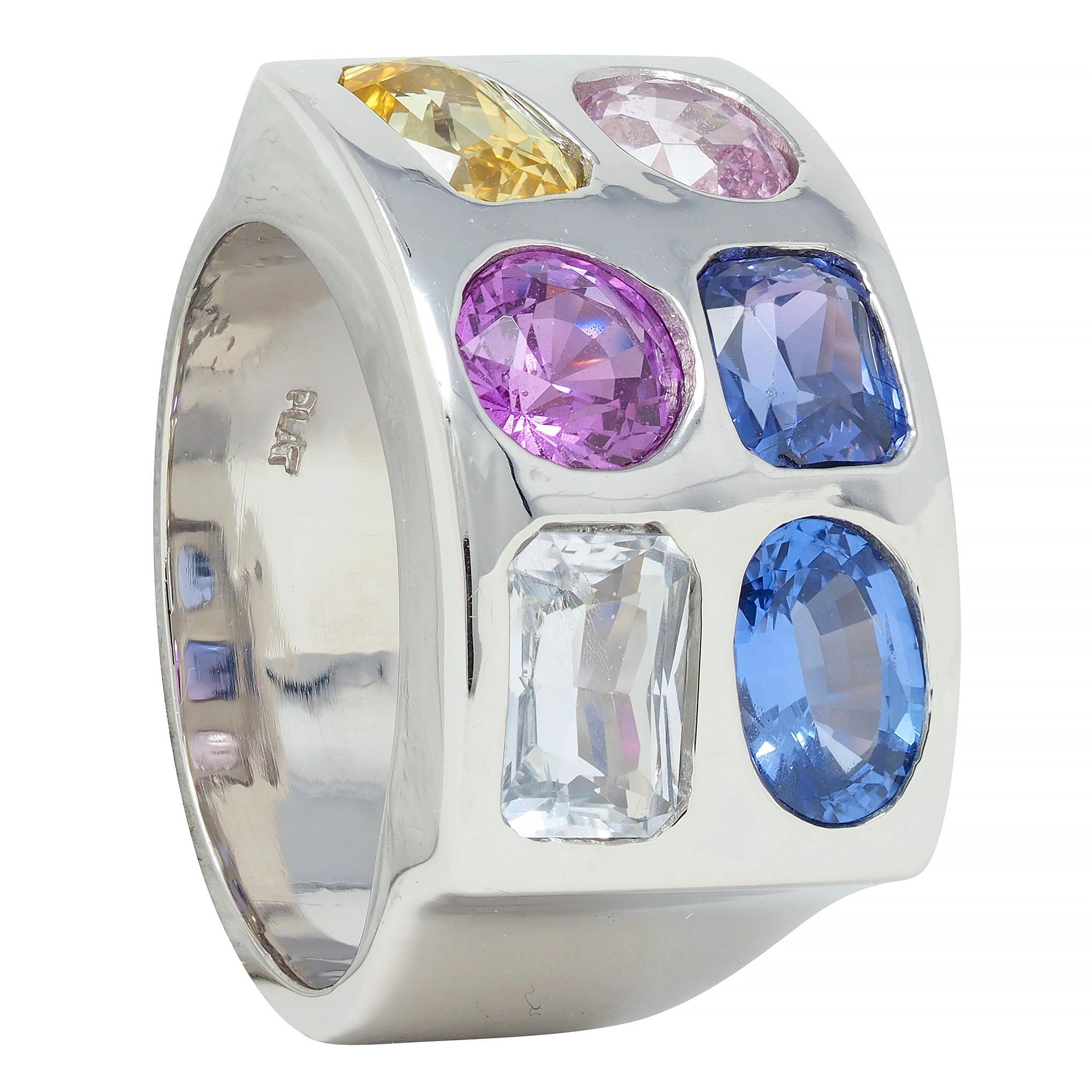 Multi-Colored Blue Pink Yellow Sapphire Platinum Flush Set Statement Ring For Sale 4