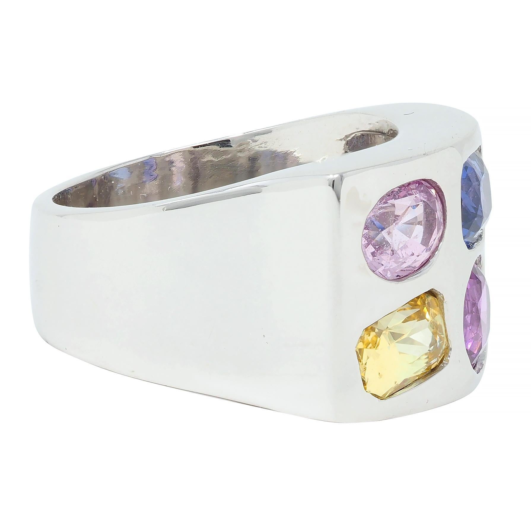 Modern Multi-Colored Blue Pink Yellow Sapphire Platinum Flush Set Statement Ring For Sale