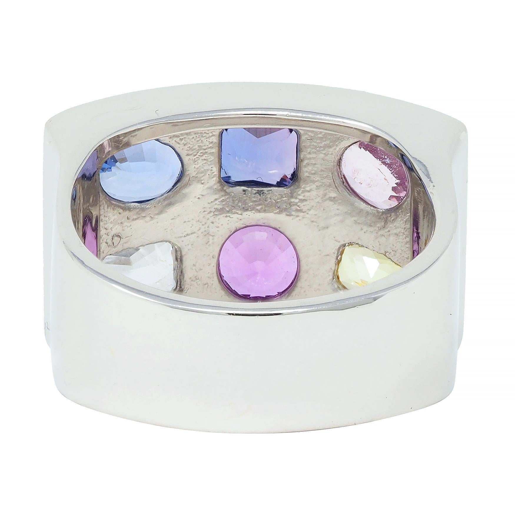 Oval Cut Multi-Colored Blue Pink Yellow Sapphire Platinum Flush Set Statement Ring For Sale