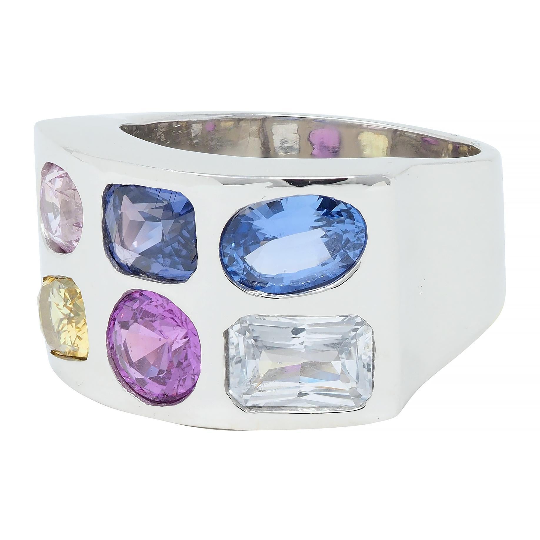 Women's or Men's Multi-Colored Blue Pink Yellow Sapphire Platinum Flush Set Statement Ring For Sale