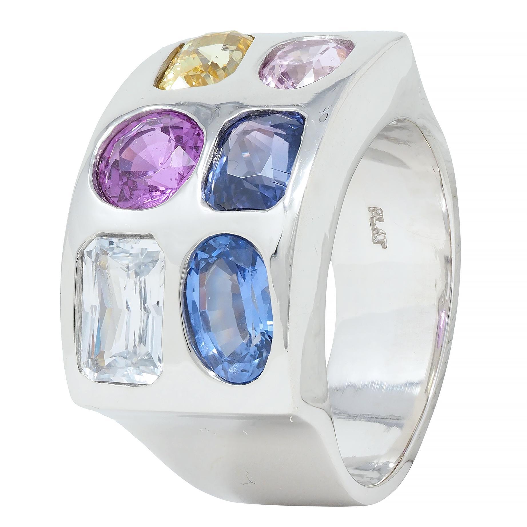 Multi-Colored Blue Pink Yellow Sapphire Platinum Flush Set Statement Ring For Sale 2