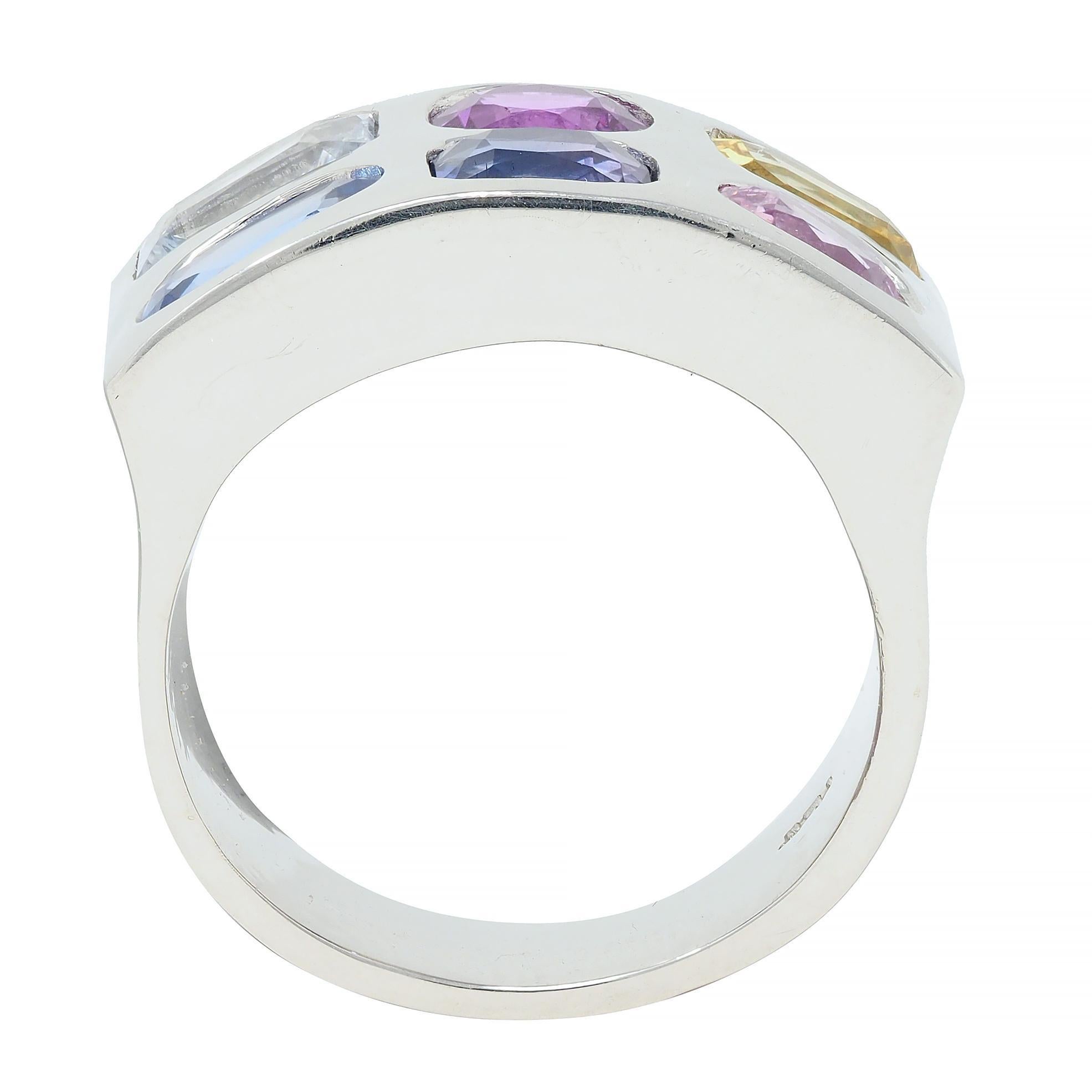 Multi-Colored Blue Pink Yellow Sapphire Platinum Flush Set Statement Ring For Sale 3