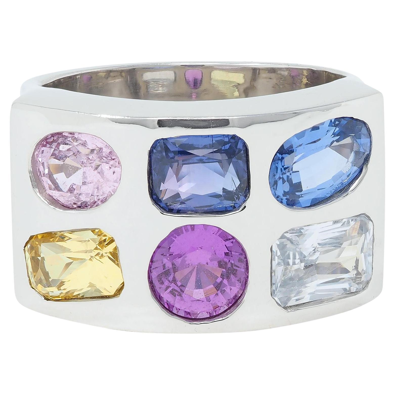 Multi-Colored Blue Pink Yellow Sapphire Platinum Flush Set Statement Ring For Sale