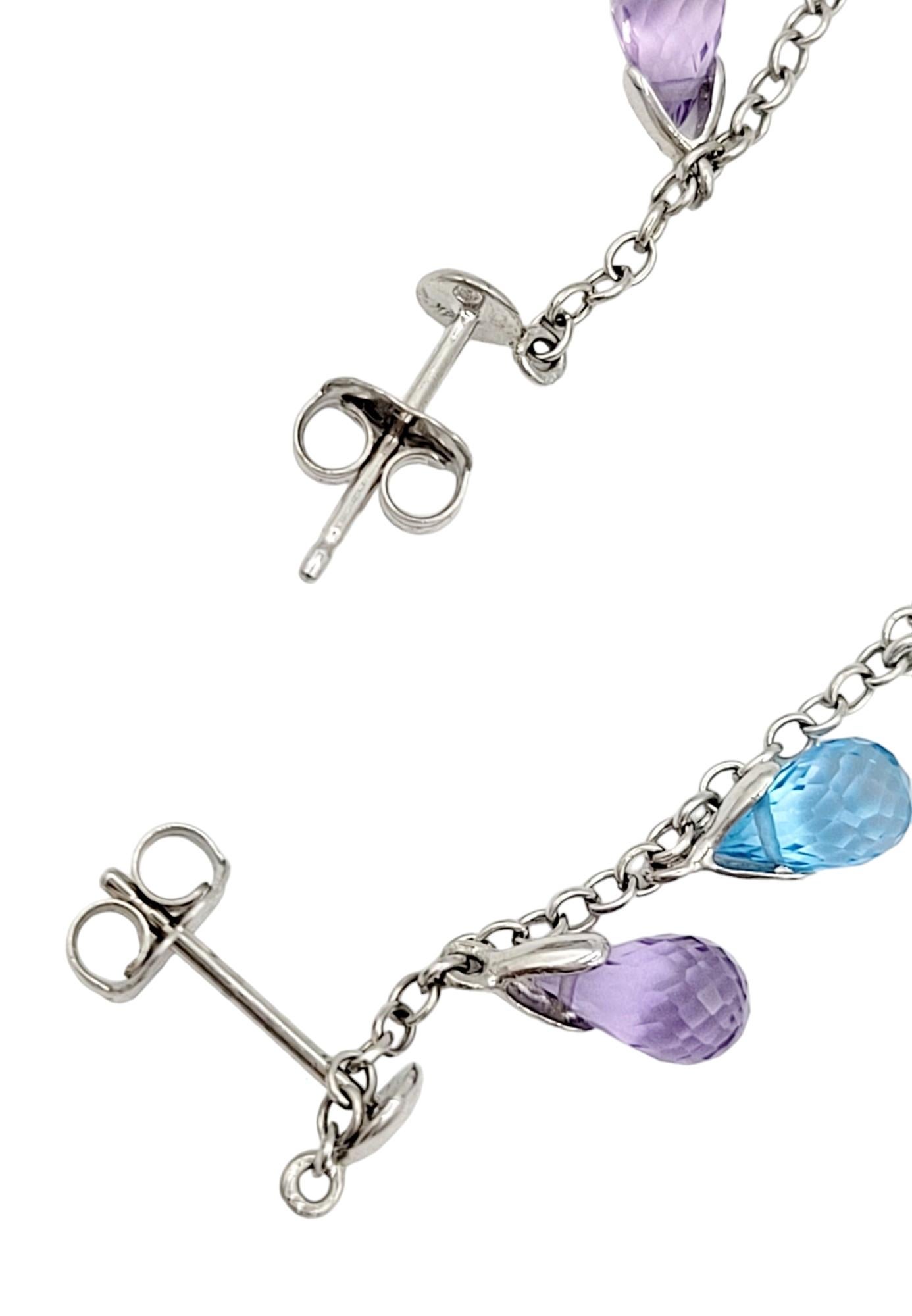 Contemporary Multi-Colored Briolette Gemstone Dangle Drop Earrings in 14 Karat White Gold  For Sale