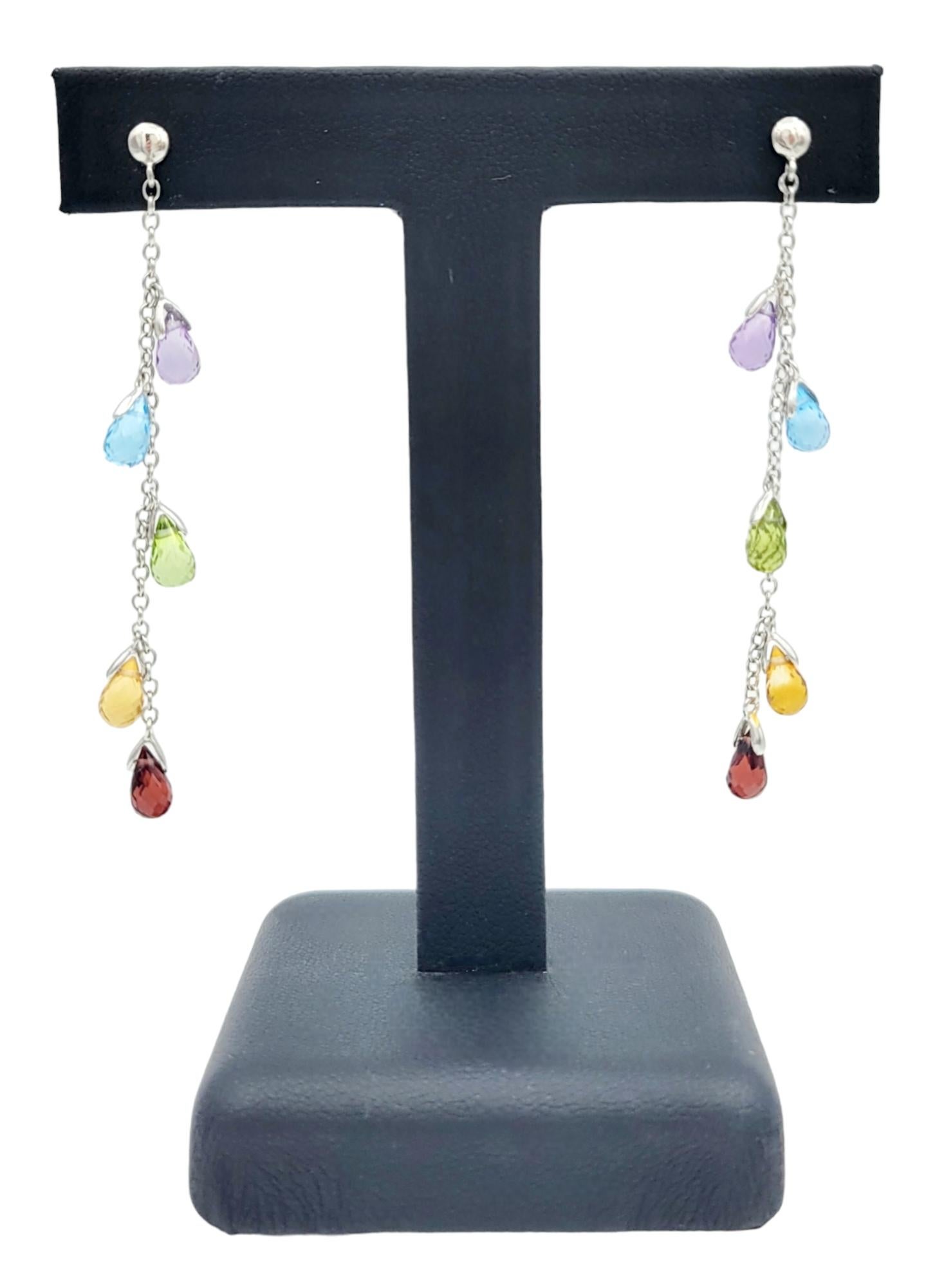 Multi-Colored Briolette Gemstone Dangle Drop Earrings in 14 Karat White Gold  For Sale 1