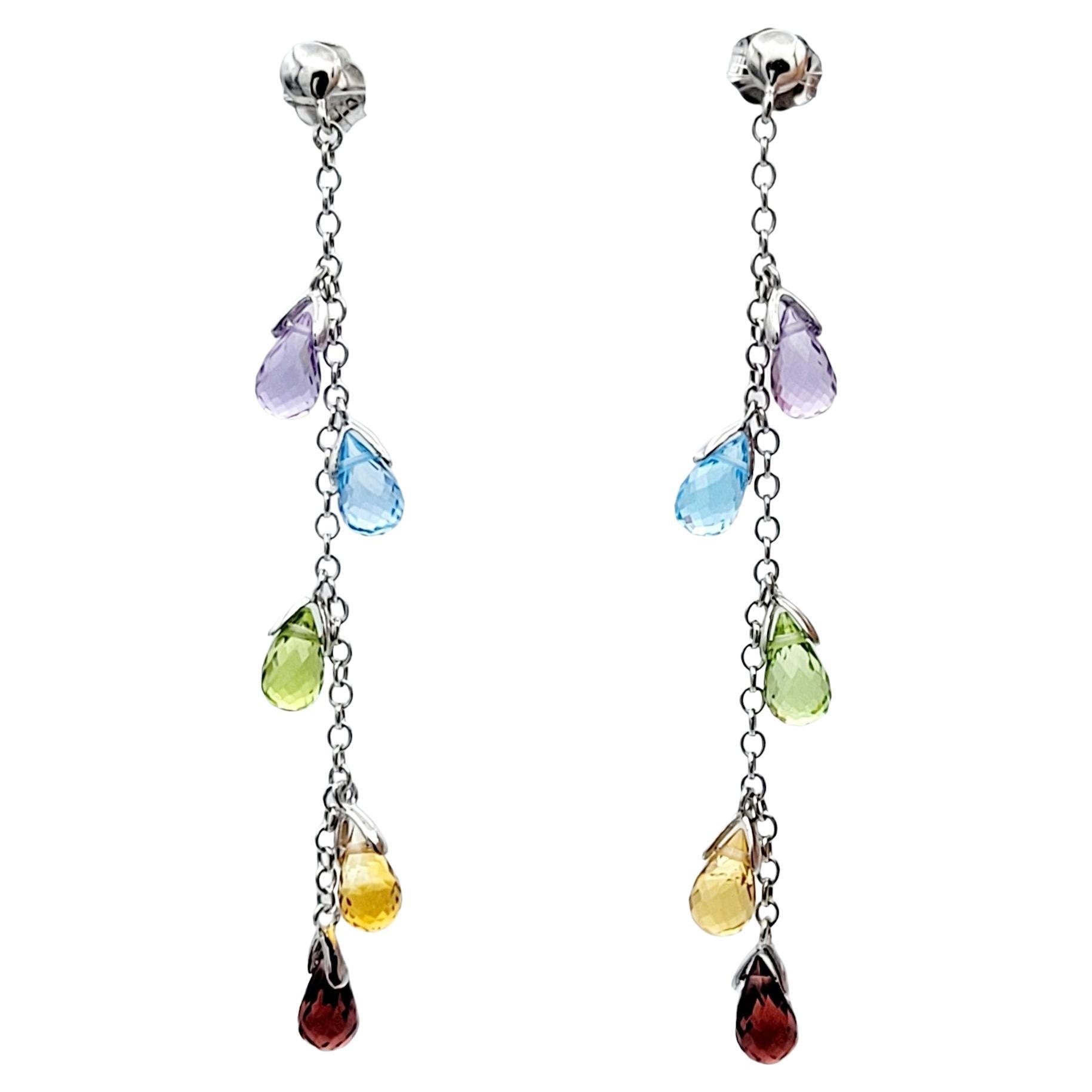 Multi-Colored Briolette Gemstone Dangle Drop Earrings in 14 Karat White Gold  For Sale