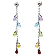 Multi-Colored Briolette Gemstone Dangle Drop Earrings in 14 Karat White Gold 
