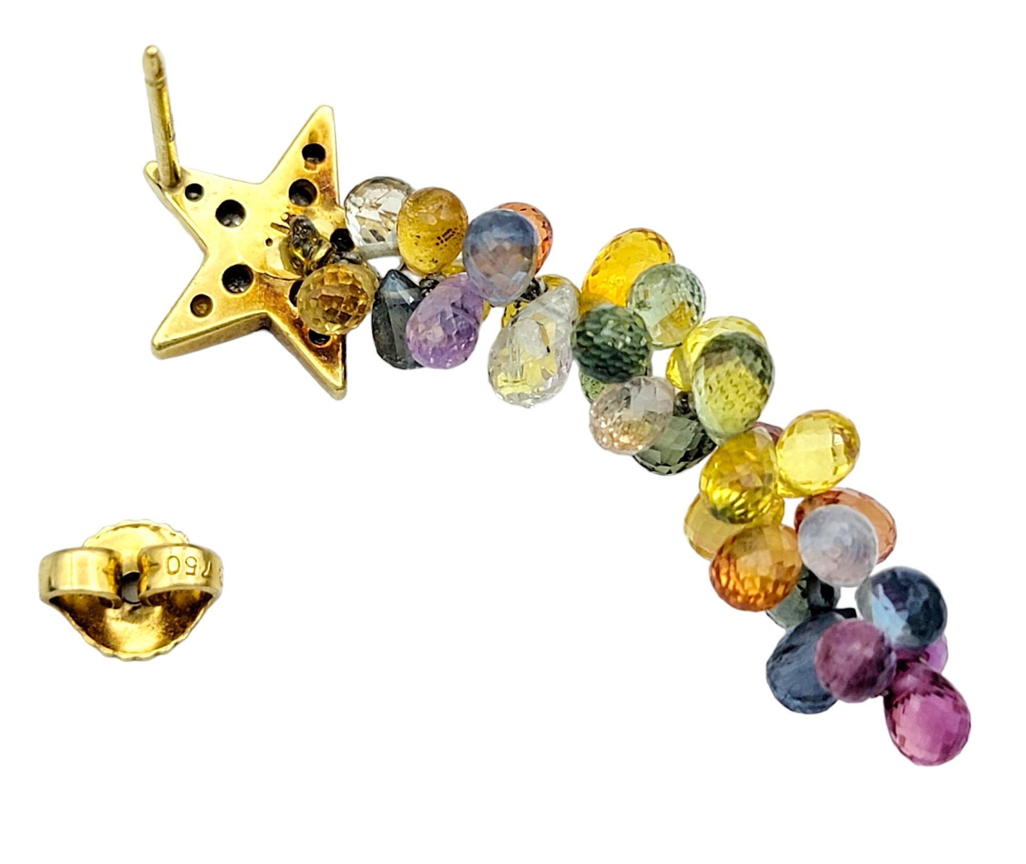 Briolette Cut Multi-Colored Briolette Gemstone Dangle Earrings with Diamonds in 18 Karat Gold For Sale