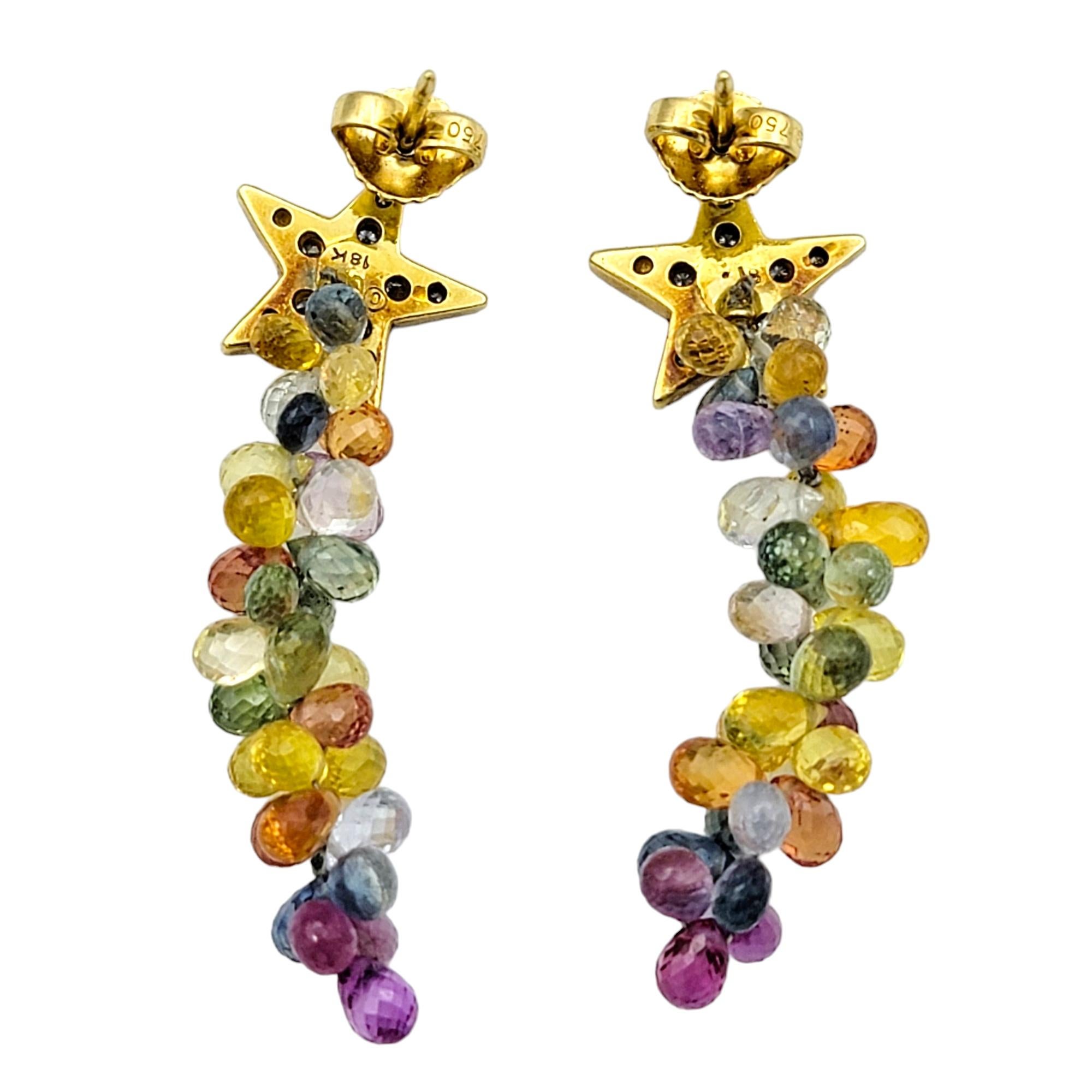 Multi-Colored Briolette Gemstone Dangle Earrings with Diamonds in 18 Karat Gold In Good Condition For Sale In Scottsdale, AZ