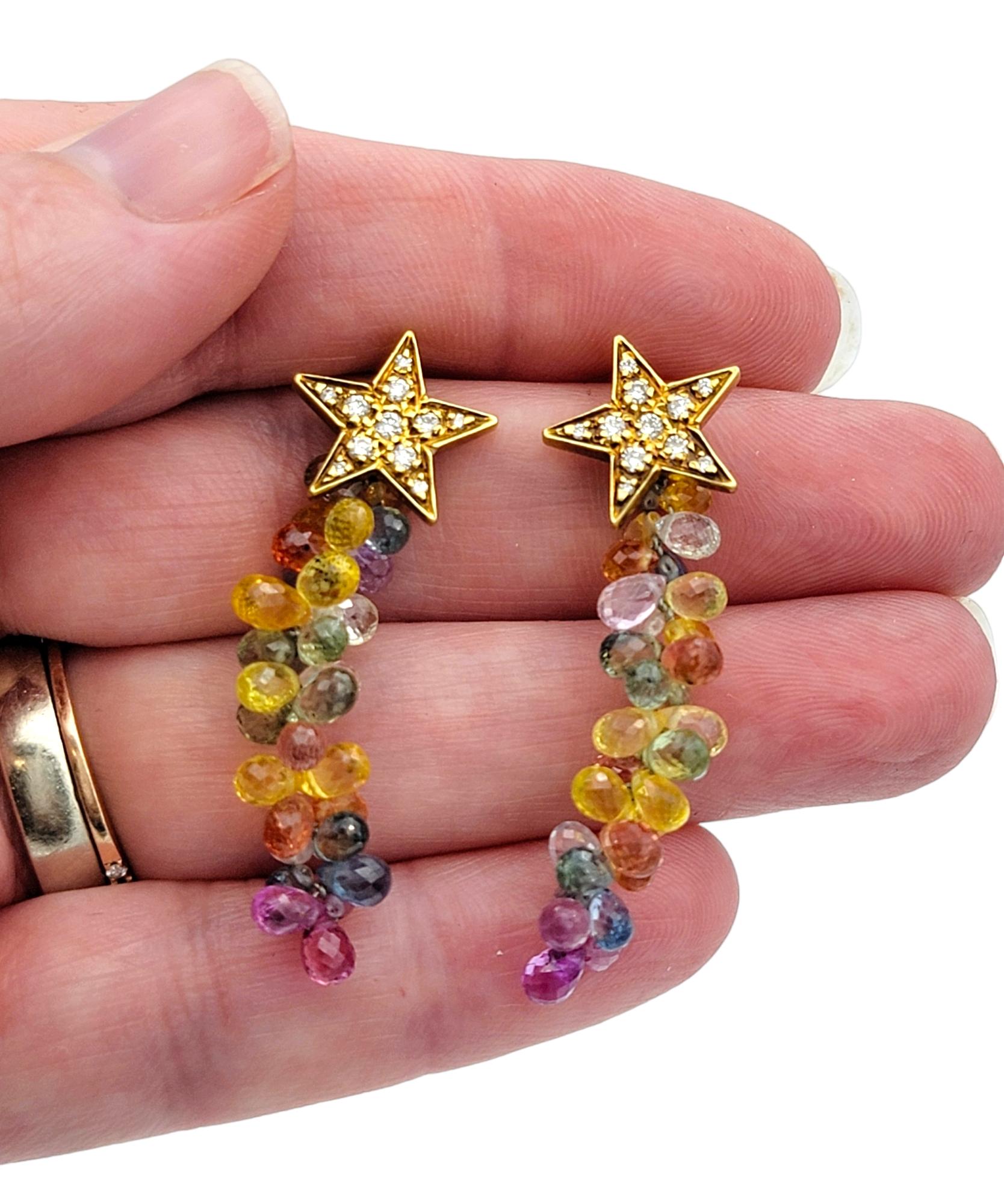 Women's Multi-Colored Briolette Gemstone Dangle Earrings with Diamonds in 18 Karat Gold For Sale