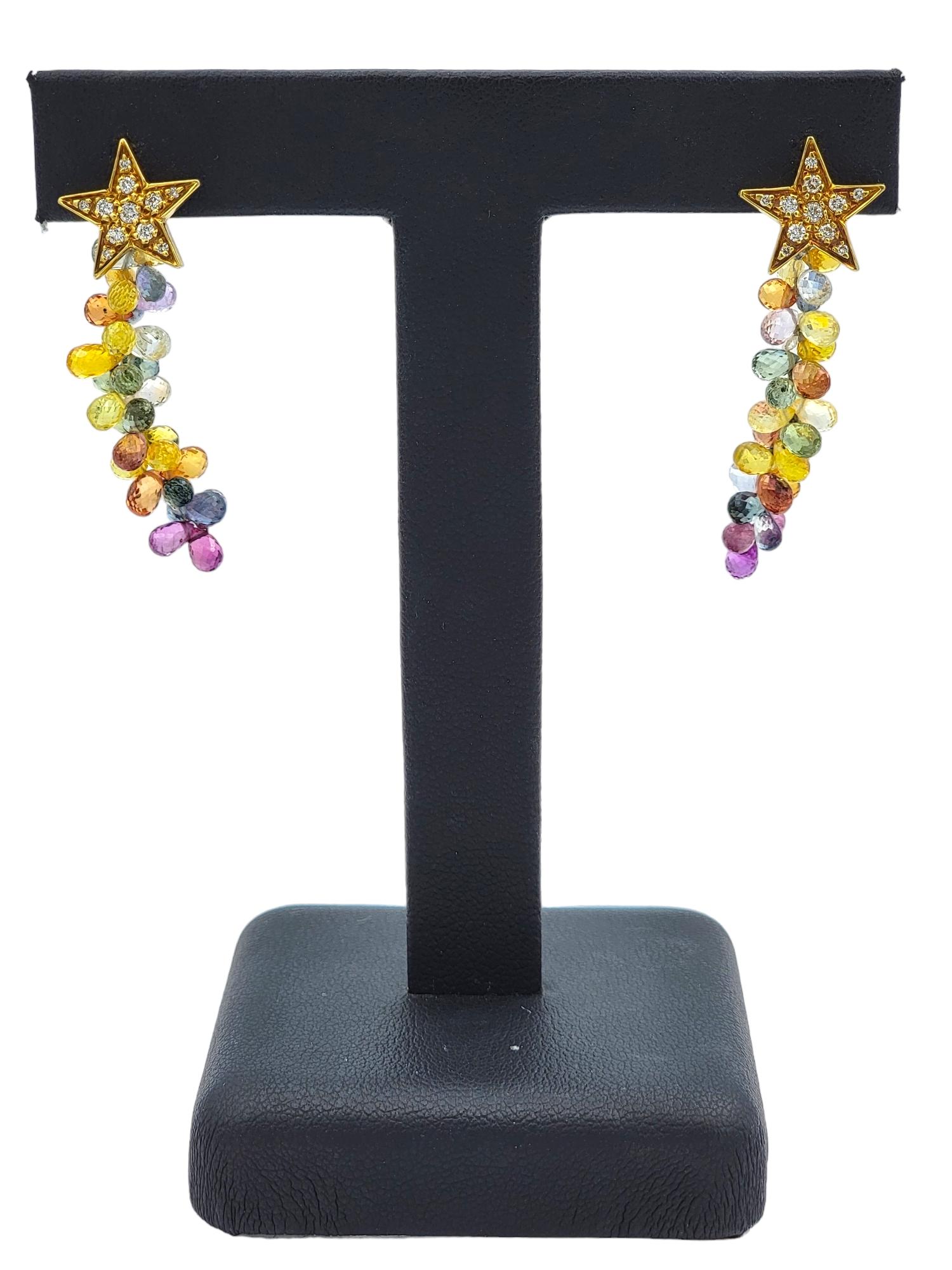 Multi-Colored Briolette Gemstone Dangle Earrings with Diamonds in 18 Karat Gold For Sale 1