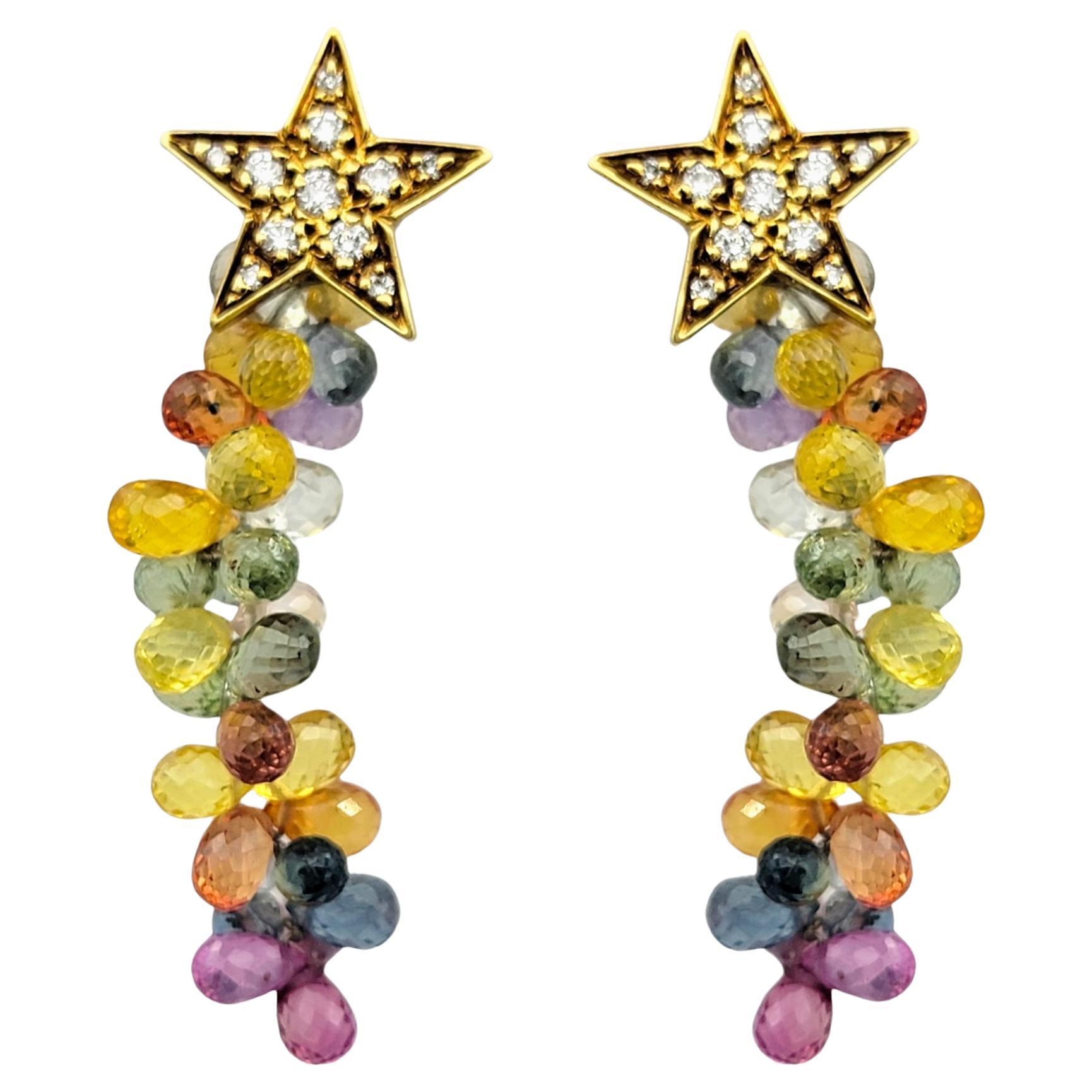 Multi-Colored Briolette Gemstone Dangle Earrings with Diamonds in 18 Karat Gold