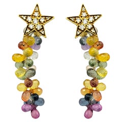 Multi-Colored Briolette Gemstone Dangle Earrings with Diamonds in 18 Karat Gold