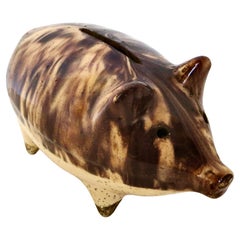 Multi Colored Brown & Beige 19thC Stoneware Large Size Pig Bank Austria Ca 1890