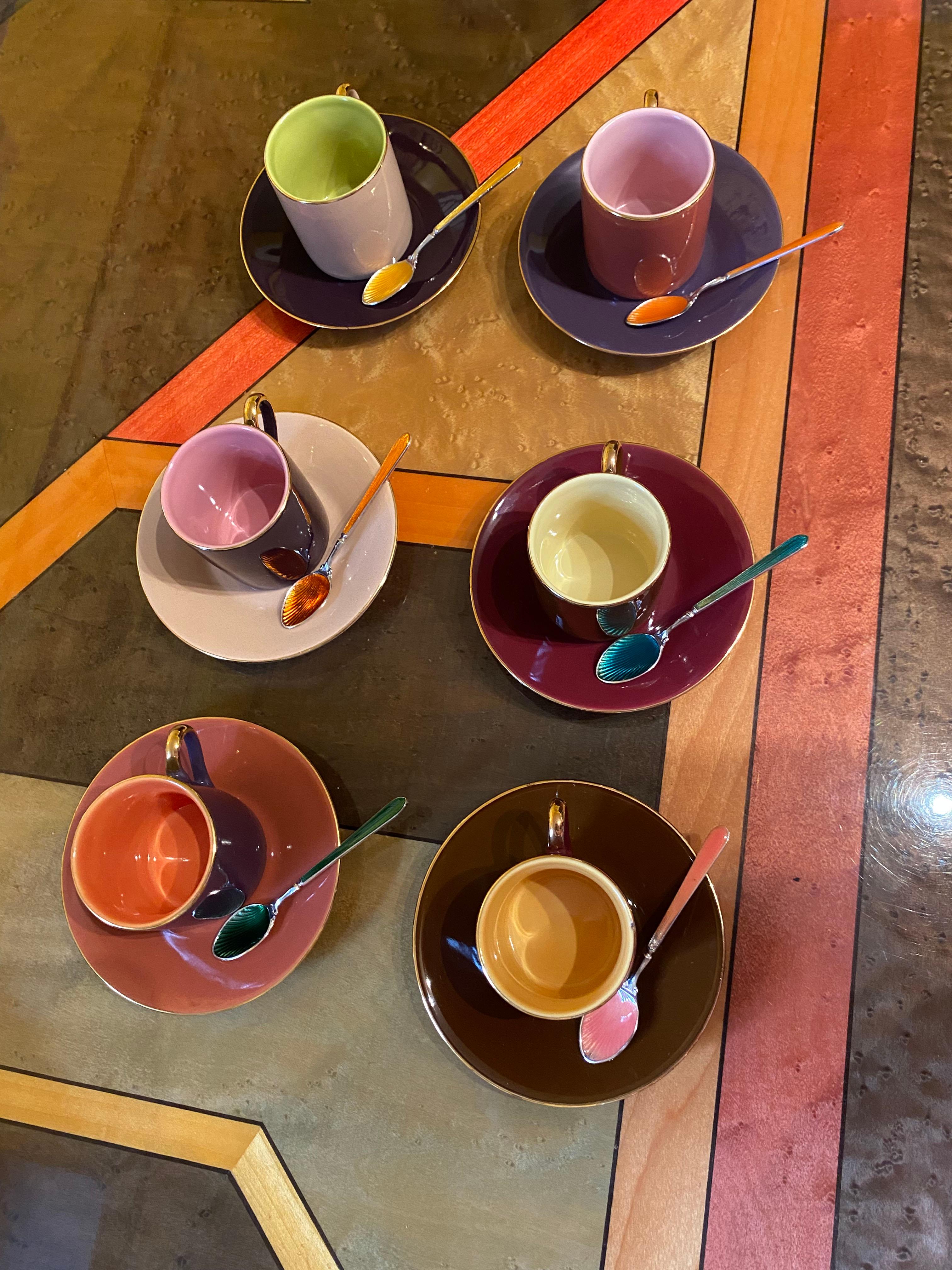 Artisan Multi Colored Coffee Cup Set with Decorative Enamel Spoons For Sale