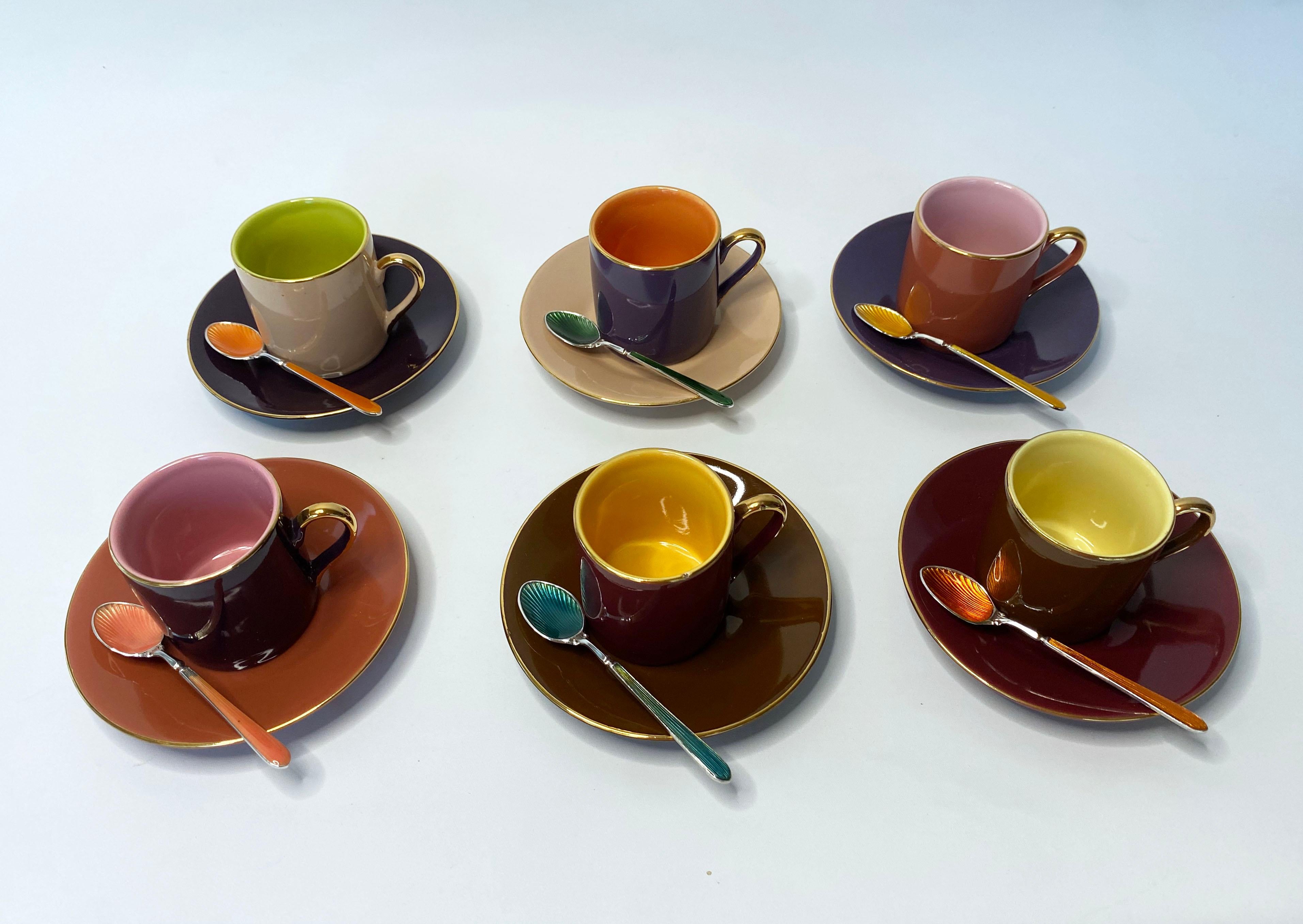 Multi Colored Coffee Cup Set with Decorative Enamel Spoons In New Condition For Sale In Los Angeles, CA